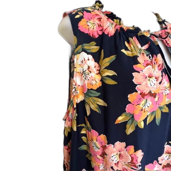 LOFT ANN TAYLOR NAVY BLUE FLORAL SHIFT SHEATH DRESS PLUS SIZE 18 RUFFLED TRIM - Picture 5 of 10